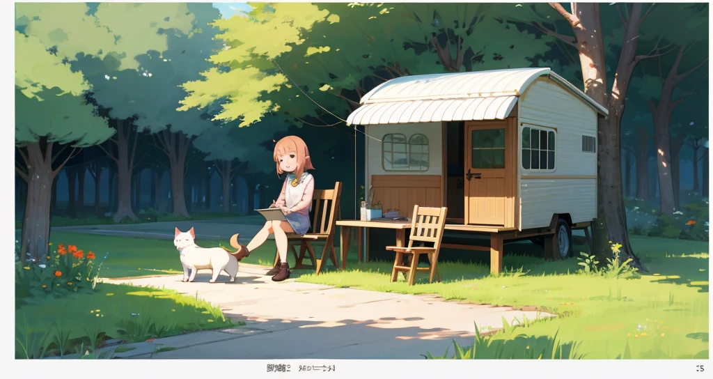 a lady sitting on a chair，There is a cat and a dog around, camping, anime Yuruying, Yuruying, cartoon style illustration, Cartoon illustration, picnic, 森林picnic, author：Nishida Toshie, Illustration line art style, Hand drawn cartoon art style, Line art illustration, Cute illustrations, Stylized digital illustration, Cartoon vector style