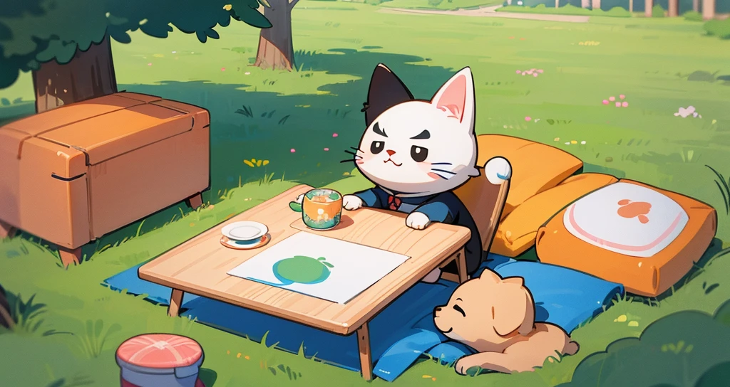 a lady sitting on a chair,There is a cat and a dog around, camping, anime Yuruying, Yuruying, cartoon style illustration, Cartoon illustration, picnic, 森林picnic, author:Nishida Toshie, Illustration line art style, Hand drawn cartoon art style, Line art illustration, Cute illustrations, Stylized digital illustration, Cartoon vector style