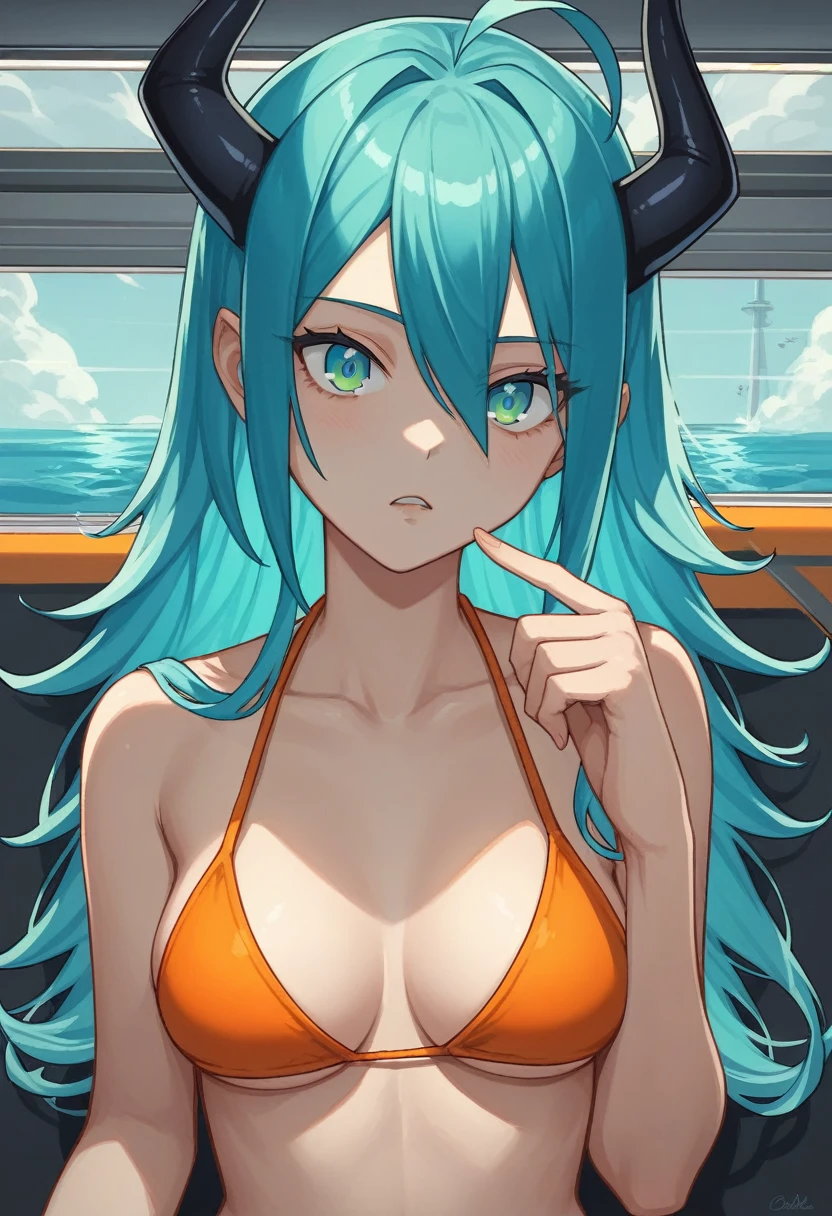 score_9, score_8_up, score_7_up,1 daemon woman, black  demon horns, black demon tail, (aquamarine hair),aquamarine green color hair,ahoge, long hair, (long hair),bangs, light orange bikini, bikini is orange, bikini orange, orange bikini!, (aquamarine eyes), background is spaceship, aquamarine eyes, 1woman ,facing viewer, daemon girl,  close up,Well-endowed, alone, Spacecraft interior, She waves her finger side to side to say no.