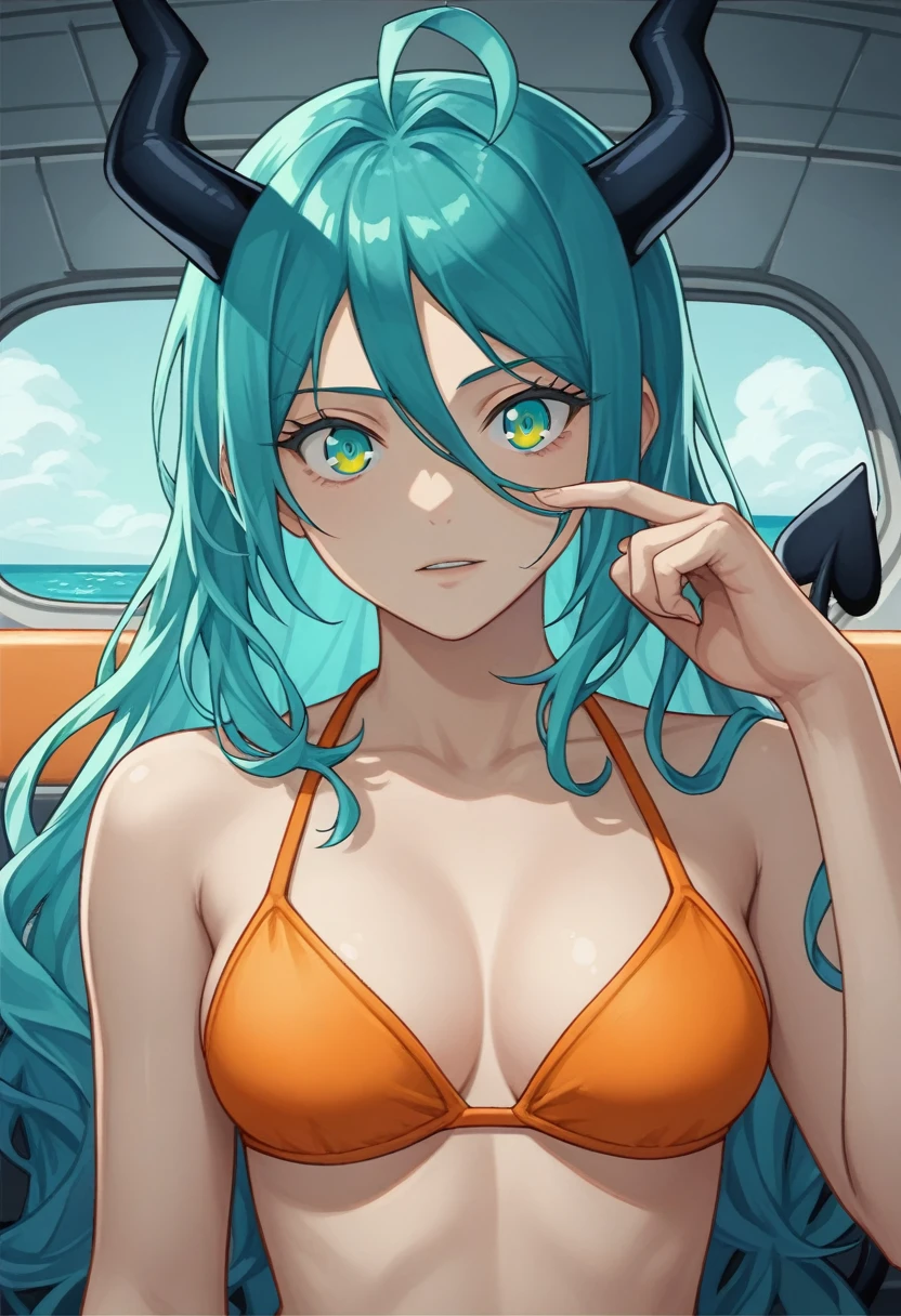 score_9, score_8_up, score_7_up,1 daemon woman, black  demon horns, black demon tail, (aquamarine hair),aquamarine green color hair,ahoge, long hair, (long hair),bangs, light orange bikini, bikini is orange, bikini orange, orange bikini!, (aquamarine eyes), background is spaceship, aquamarine eyes, 1woman ,facing viewer, daemon girl,  close up,Well-endowed, alone, Spacecraft interior, She waves her finger side to side to say no.