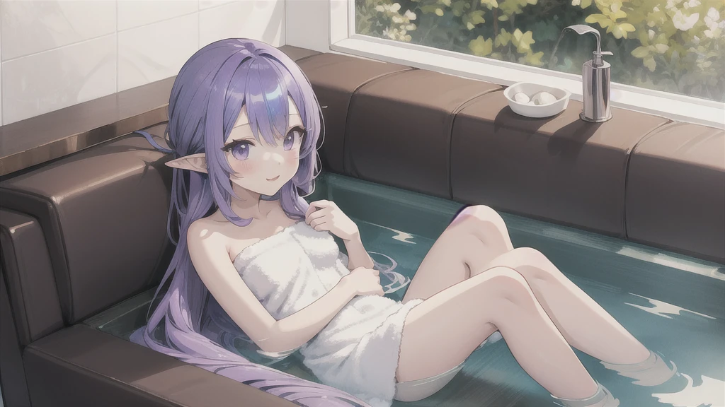 anime girl long purple hair Wrapped in a bath towel. she has pointy ears. Manga kawaii. iridescent ,An illustration, 0ne person, Sitting in a sofa