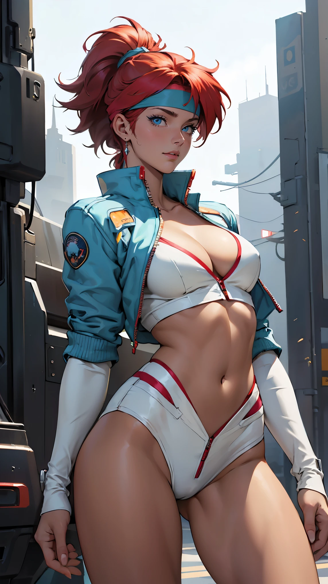 ((Masterpiece, highest quality; 1.3)), super quality, beautiful detail, super detailed, extra fine, 16K, exquisite, absurd, high resolution, beautiful background, detailed background, beautiful eyes, beautiful skin, anime style, Kay from Dirty Pair in a white outfit, tight outfit, cleavage, bushy redhead beauty, very light blue uniform, wearing tight clothes, skimpy, (mid chest: 1.2), cleavage, cleavage, slim waist , thin waist, slim thighs, thin legs, slim legs. thigh gap, showing stomach, skinny, thin hips, cyberpunk city background, holding retro space gun , headband, 