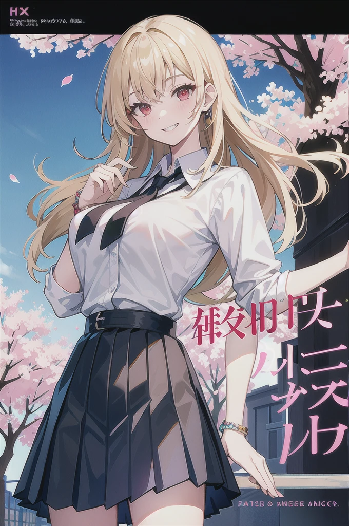 masterpiece, best quality, whole body,
1 Girl, Bangs, black Necklace, black tie, Blonde hair, blue skirt, blush, bracelet, breast, Necklace, clothes About waist, clavicle, collared shirt, Cowboy shooting, dress shirt, ear punching, Eyebrows visible through hair, Gradient hair, Grin, promote, Jewelry, Kogar, Long hair, Looking at the audience, loose tie, tie, punching, lattice, lattice skirt, pleated skirt, Red Eyes, ring, , shirt, skirt, Smile, Solitary, white shirt,
street, Sky, Cherry blossoms, petal,illustration, (Magazine:1.3), (cover-style:1.3), Fashionable, Miss, Energetic, Full set of clothing, Strike a pose, front, rich and colorful, Dynamic, background, element, confident, Express, Keep, statement, Accessories, majestic, curled, About, Touch, Scenes, text, cover, bold, striking, title, fashionable, Font, striking, title, Bigger, striking, Modern, trend, Key Points, Fashion,