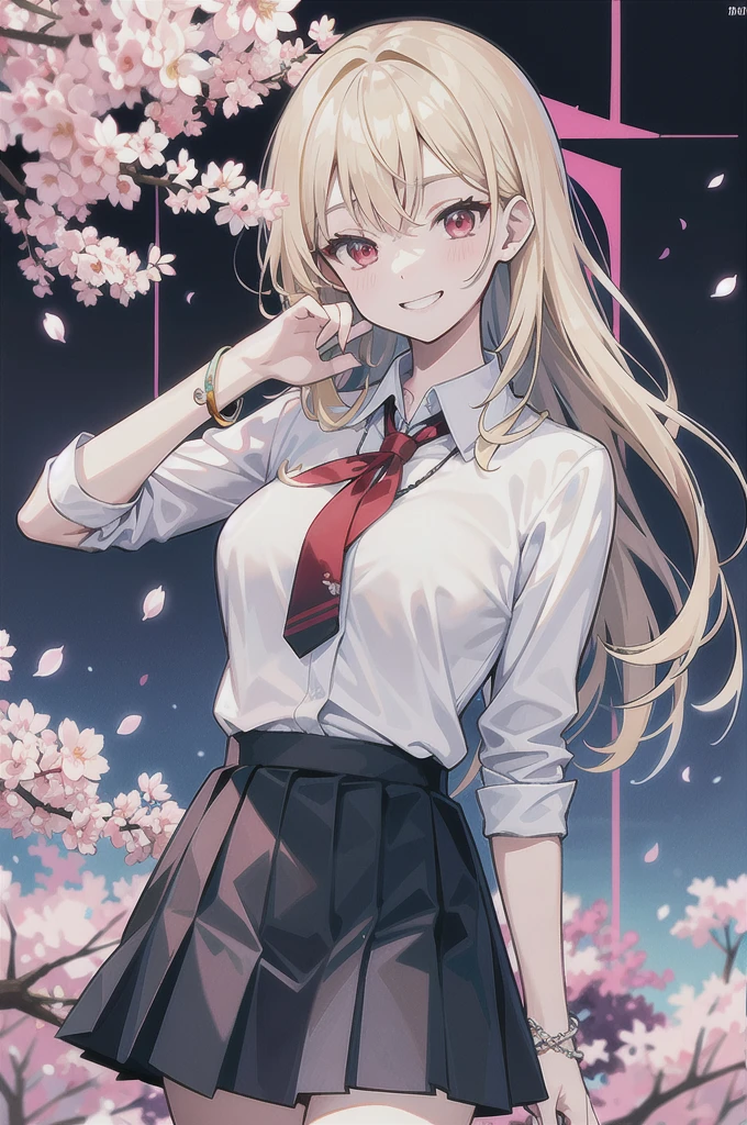 masterpiece, best quality, whole body,
1 Girl, Bangs, black Necklace, black tie, Blonde hair, blue skirt, blush, bracelet, breast, Necklace, clothes About waist, clavicle, collared shirt, Cowboy shooting, dress shirt, ear punching, Eyebrows visible through hair, Gradient hair, Grin, promote, Jewelry, Kogar, Long hair, Looking at the audience, loose tie, tie, punching, lattice, lattice skirt, pleated skirt, Red Eyes, ring, , shirt, skirt, Smile, Solitary, white shirt,
street, Sky, Cherry blossoms, petal,illustration, (Magazine:1.3), (cover-style:1.3), Fashionable, Miss, Energetic, Full set of clothing, Strike a pose, front, rich and colorful, Dynamic, background, element, confident, Express, Keep, statement, Accessories, majestic, curled, About, Touch, Scenes, text, cover, bold, striking, title, fashionable, Font, striking, title, Bigger, striking, Modern, trend, Key Points, Fashion,