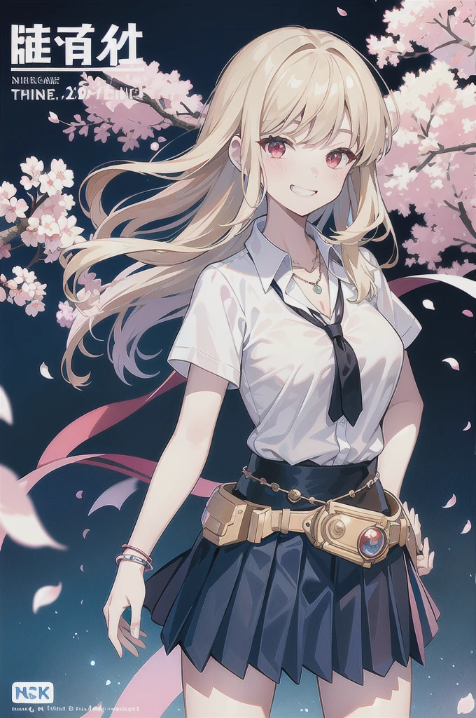 masterpiece, best quality, whole body,
1 Girl, Bangs, black Necklace, black tie, Blonde hair, blue skirt, blush, bracelet, breast, Necklace, clothes About waist, clavicle, collared shirt, Cowboy shooting, dress shirt, ear punching, Eyebrows visible through hair, Gradient hair, Grin, promote, Jewelry, Kogar, Long hair, Looking at the audience, loose tie, tie, punching, lattice, lattice skirt, pleated skirt, Red Eyes, ring, , shirt, skirt, Smile, Solitary, white shirt,
street, Sky, Cherry blossoms, petal,illustration, (Magazine:1.3), (cover-style:1.3), Fashionable, Miss, Energetic, Full set of clothing, Strike a pose, front, rich and colorful, Dynamic, background, element, confident, Express, Keep, statement, Accessories, majestic, curled, About, Touch, Scenes, text, cover, bold, striking, title, fashionable, Font, striking, title, Bigger, striking, Modern, trend, Key Points, Fashion,