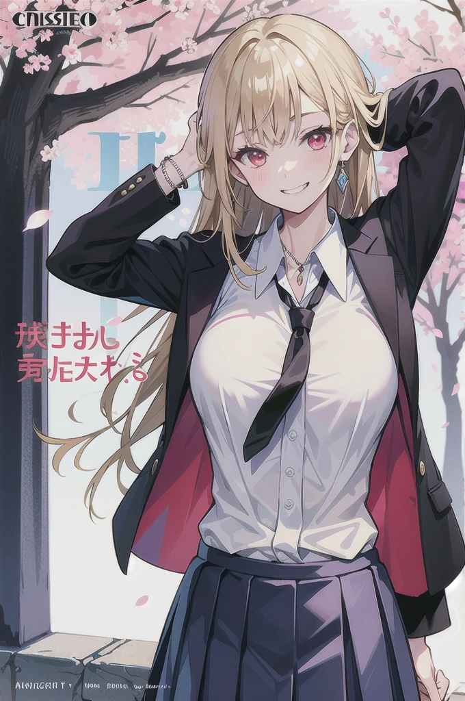 masterpiece, best quality,  whole body,
1 Girl, Bangs, black Necklace, black tie, Blonde hair, blue skirt, blush, bracelet, breast, Necklace, clothes About waist, clavicle, collared shirt, Cowboy shooting, dress shirt, ear punching, Eyebrows visible through hair, Gradient hair, Grin, promote, Jewelry, Kogar, Long hair, Looking at the audience, loose tie, tie, punching, lattice, lattice skirt, pleated skirt, Red Eyes, ring, , shirt, skirt, Smile, Solitary, white shirt,
street, Sky, Cherry blossoms, petal,illustration, (Magazine:1.3), (cover-style:1.3), Fashionable, Miss, Energetic, Full set of clothing, Strike a pose, front, rich and colorful, Dynamic, background,  element, confident, Express, Keep, statement, Accessories, majestic, curled, About, Touch, Scenes, text, cover, bold, striking, title, fashionable, Font, striking, title, Bigger, striking, Modern, trend, Key Points, Fashion,