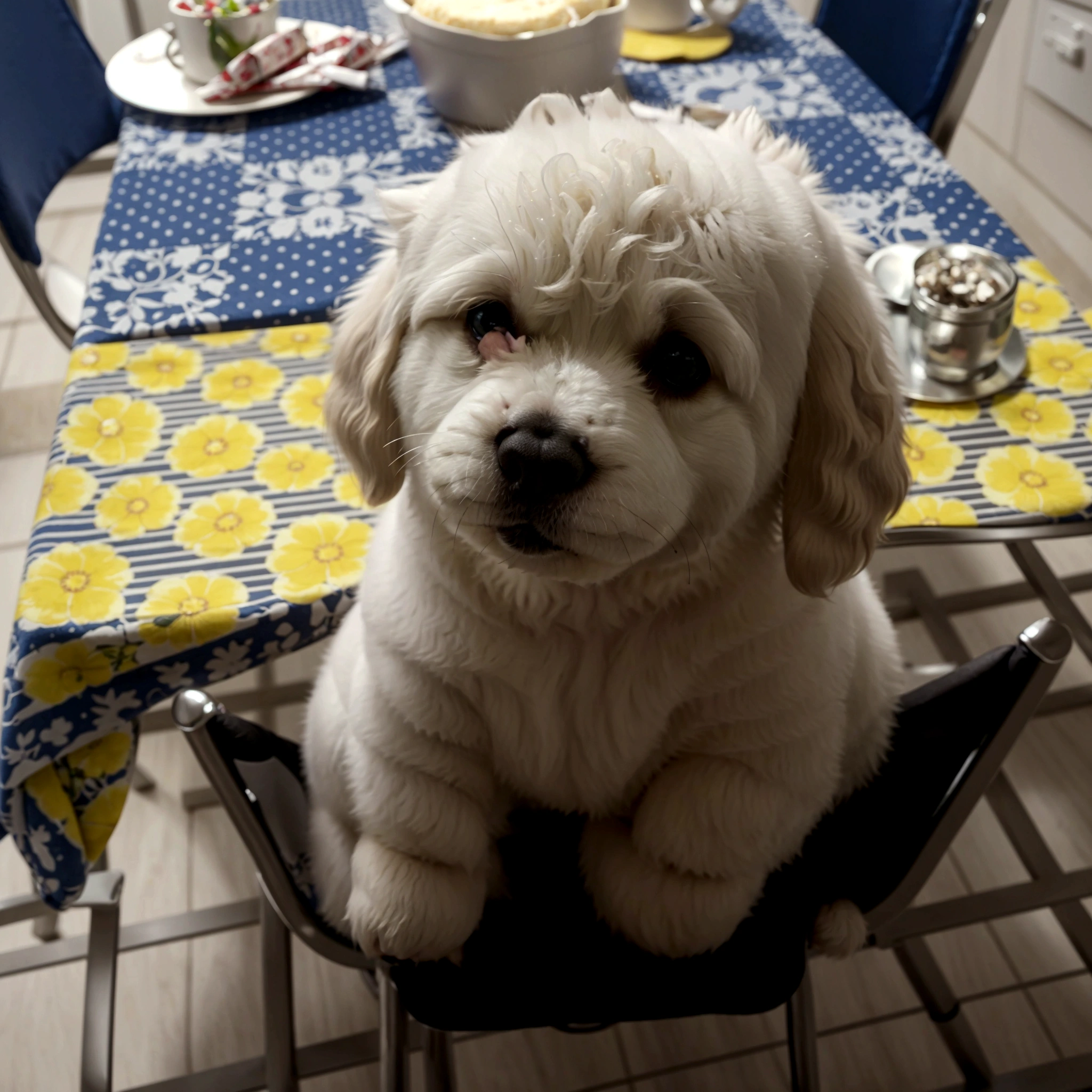 there is a little white furry little dog sitting on a chair in the kitchen, sitting on desk, seated at a desk, Bela, ready to eat, sitting at the table, ah, sitting in his highchair, looking directly at the camera, sitting on top of a table, seated at a desk, cachorro poodle, looking directly at the camera, looking at the camera