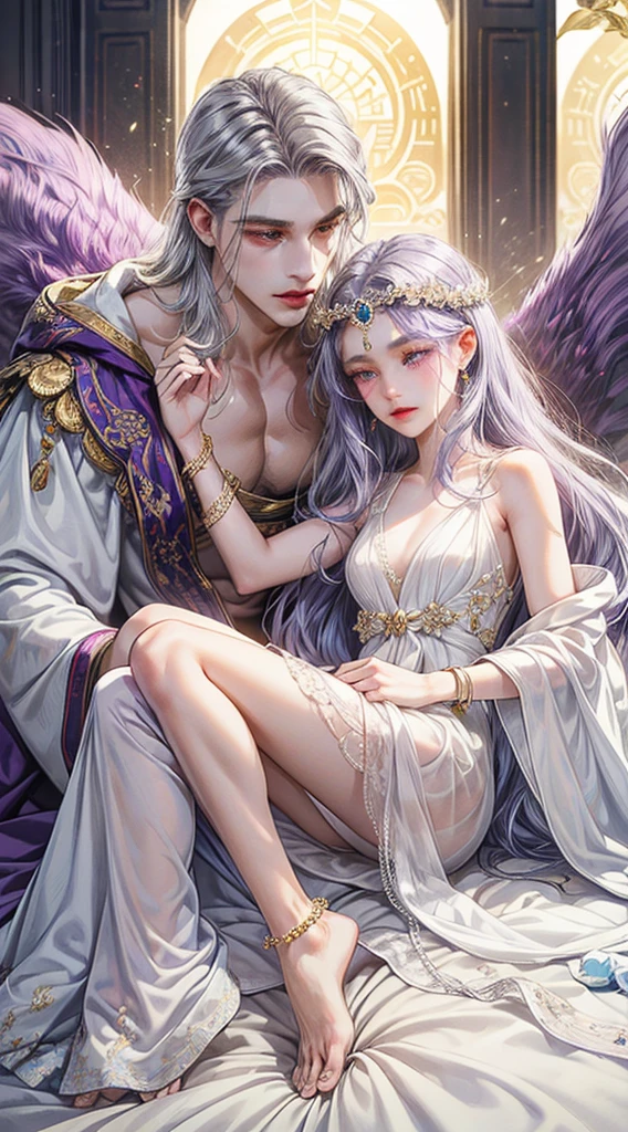 Beautiful and exquisite body,Purple-silver hair,Wavy Hair,beautiful girl,10代のbeautiful girl,White robe, Fluffy long hair,Gradient Hair, Purple eyes, Exquisite eye makeup, 長さ eyelashes fluttering, Delicate lip detail, Soft and harmonious style,Exposed shoulders, bracelet,Suspended particles, Dynamic pose,One Girl,Wearing a circlet,Wearing Jewelry,Lip gloss, (Accurate Arm, Five Fingers, Accurate legs), Ultra-high resolution, Ultra-realistic, Very detailed, Golden Ratio