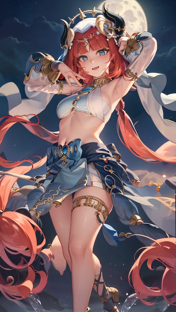 (masterpiece, best quality), super high resolution, (Top Quality photorealistic Illustration), (Super Definition), (cute illustration:1.3), (high Saturation:1.3), detailed beautiful face and eyes, very detailed background, dynamic lighting, BREAK (an extremely delicate and beautiful), (nice hands, perfect hands:1.4), (appropriate posture), (appropriate configuration), ideal ratio body proportions, BREAK Highly detailed illustration, super-cute and beautiful, best quality,slender,,babyface,cute,kawaii,((big eye)),Medium breast, floating hair, BREAK nilou (neither flower nor mist) (genshin impact), aqua eyes, nilou (genshin impact), fake horns, 1girl, solo, red hair, veil, smile, moon, long hair, crop top, jewelry, horns, night, bracer, brooch, long sleeves, puffy long sleeves, looking at viewer, skirt, bangs, twintails, water, puffy sleeves, sky, neck ring, open mouth, :d, full moon, night sky, flower, harem outfit, gold trim, parted bangs, arm up, breasts, circlet, outdoors, blue skirt, hair ornament, detached sleeves, low twintails, floating hair, gem, hair flower, blue gemstone, hand up, dancer, white headwear, small breasts, stomach, midriff, cowboy shot, blue bow, very long hair