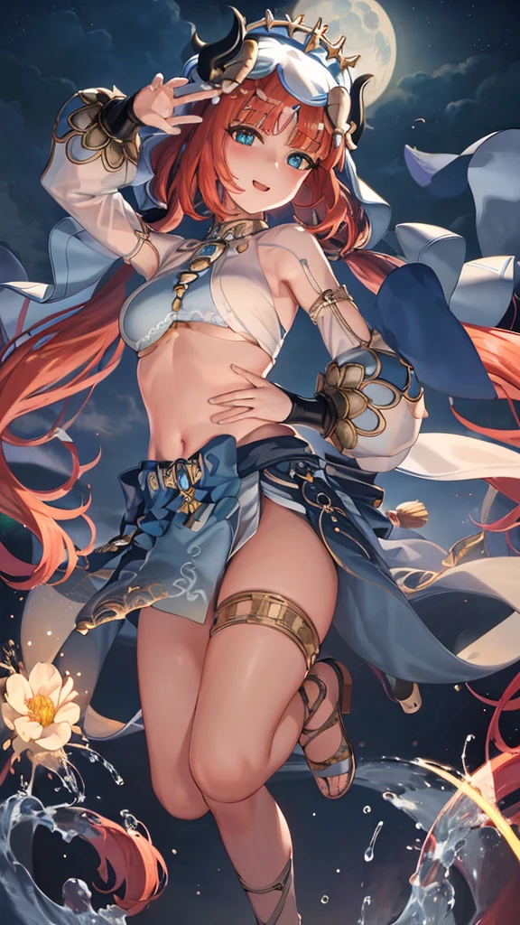 (masterpiece, best quality), super high resolution, (Top Quality photorealistic Illustration), (Super Definition), (cute illustration:1.3), (high Saturation:1.3), detailed beautiful face and eyes, very detailed background, dynamic lighting, BREAK (an extremely delicate and beautiful), (nice hands, perfect hands:1.4), (appropriate posture), (appropriate configuration), ideal ratio body proportions, BREAK Highly detailed illustration, super-cute and beautiful, best quality,slender,,babyface,cute,kawaii,((big eye)),Medium breast, floating hair, BREAK nilou (neither flower nor mist) (genshin impact), aqua eyes, nilou (genshin impact), fake horns, 1girl, solo, red hair, veil, smile, moon, long hair, crop top, jewelry, horns, night, bracer, brooch, long sleeves, puffy long sleeves, looking at viewer, skirt, bangs, twintails, water, puffy sleeves, sky, neck ring, open mouth, :d, full moon, night sky, flower, harem outfit, gold trim, parted bangs, arm up, breasts, circlet, outdoors, blue skirt, hair ornament, detached sleeves, low twintails, floating hair, gem, hair flower, blue gemstone, hand up, dancer, white headwear, small breasts, stomach, midriff, cowboy shot, blue bow, very long hair