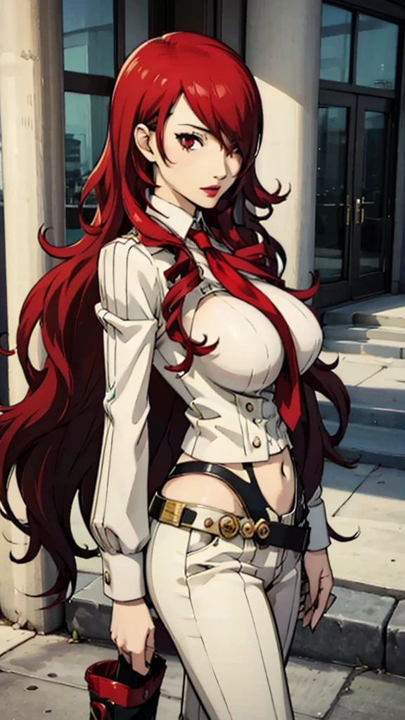 1 milf, huge breast, suit, tie, Mitsuru kirijo, portrait, , red eyes, long hair, hair over one eye , lipstick, red hair