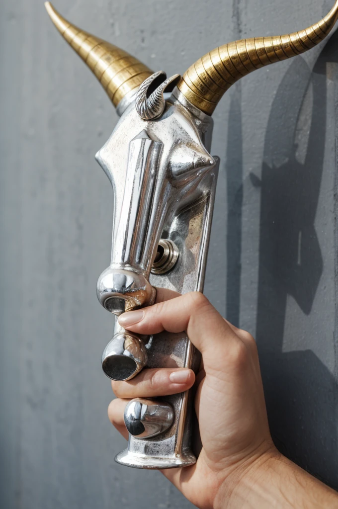 Give me a hand sign of horn while holding a silver bar