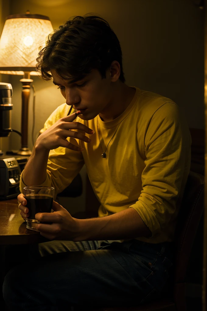 a 20 year old man, contemplating, cigarette in hand, and a glass of coffee, on a dark night, lit by a yellow lamp