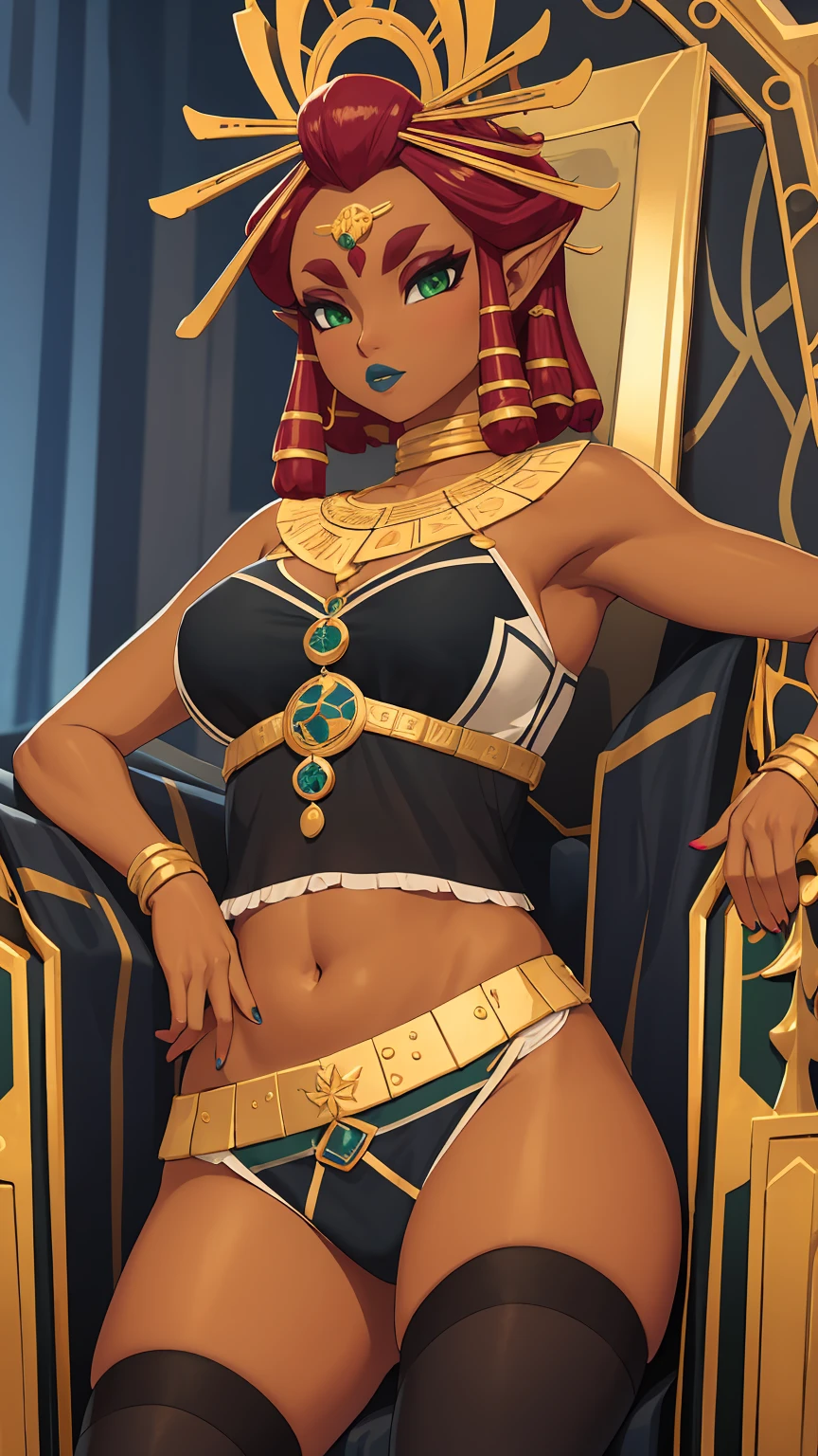 Big breasts, green eyes, dark blue lips, sitting on a throne, lingerie, black stockings, Riju