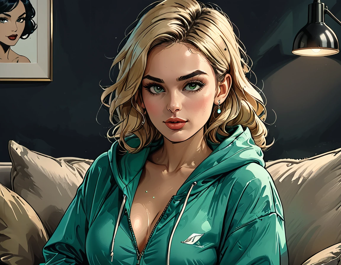 green ((pearl)) at hands,portrait girl eating a green pearl in (Blue oversized hoodie) and black Elastic shorts sits at sofa at dark green office, adult, [Nordic], Hourglass elongated fitness body, perfect Olive skin, Oval Face, Long neck, Rounded shoulders, perfect hand, Attached Pointed ears, round forehead, Short blonde Waves pixie hair, snub nose, Arched eyebrows, High Round Narrow cheekbones, Dimpled Cheeks, Rounded Chin, Rounded Jawline, Full nude Lips, Nude Makeup Look, long eyelashes, graphic style of novel comics, 2d, 8k, hyperrealism, masterpiece, high resolution, best quality, ultra-detailed, super realistic, Hyperrealistic art, high-quality, ultra high res, highest detailed, lot of details, Extremely high-resolution details, incredibly lifelike, colourful, soft cinematic light,