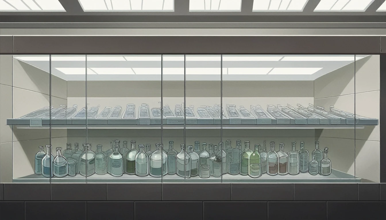 A meticulously functioning array of pharmaceutical machines in a bustling factory, diligently producing medical bottles. The sleek, modern machines are lined up in a precise formation, moving the glass bottles along the production line with expert precision. Each bottle is flawlessly formed, gleaming under the bright lights of the factory. The image, likely a high-quality photograph, captures the dynamic energy of the production process, showcasing the efficiency and innovation of the pharmaceutical industry.