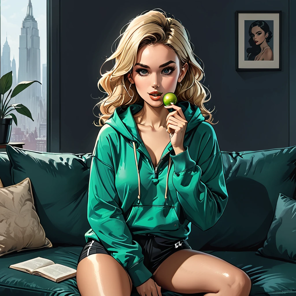 green ((pearl)) at hands,portrait girl eating a green pearl in (Blue oversized hoodie) and black Elastic shorts sits at sofa at dark green office, adult, [Nordic], Hourglass elongated fitness body, perfect Olive skin, Oval Face, Long neck, Rounded shoulders, perfect hand, Attached Pointed ears, round forehead, Short blonde Waves pixie hair, snub nose, Arched eyebrows, High Round Narrow cheekbones, Dimpled Cheeks, Rounded Chin, Rounded Jawline, Full nude Lips, Nude Makeup Look, long eyelashes, graphic style of novel comics, 2d, 8k, hyperrealism, masterpiece, high resolution, best quality, ultra-detailed, super realistic, Hyperrealistic art, high-quality, ultra high res, highest detailed, lot of details, Extremely high-resolution details, incredibly lifelike, colourful, soft cinematic light,