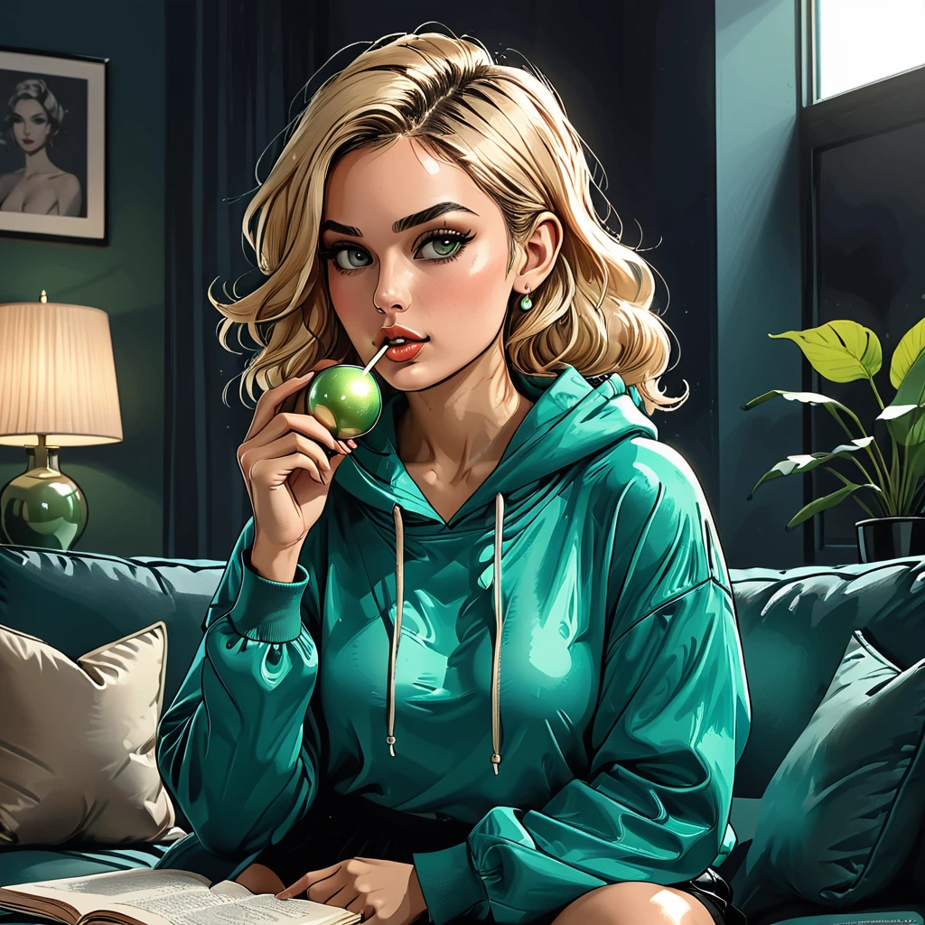 green ((pearl)) at hands,portrait girl eating a green pearl in (Blue oversized hoodie) and black Elastic shorts sits at sofa at dark green office, adult, [Nordic], Hourglass elongated fitness body, perfect Olive skin, Oval Face, Long neck, Rounded shoulders, perfect hand, Attached Pointed ears, round forehead, Short blonde Waves pixie hair, snub nose, Arched eyebrows, High Round Narrow cheekbones, Dimpled Cheeks, Rounded Chin, Rounded Jawline, Full nude Lips, Nude Makeup Look, long eyelashes, graphic style of novel comics, 2d, 8k, hyperrealism, masterpiece, high resolution, best quality, ultra-detailed, super realistic, Hyperrealistic art, high-quality, ultra high res, highest detailed, lot of details, Extremely high-resolution details, incredibly lifelike, colourful, soft cinematic light,