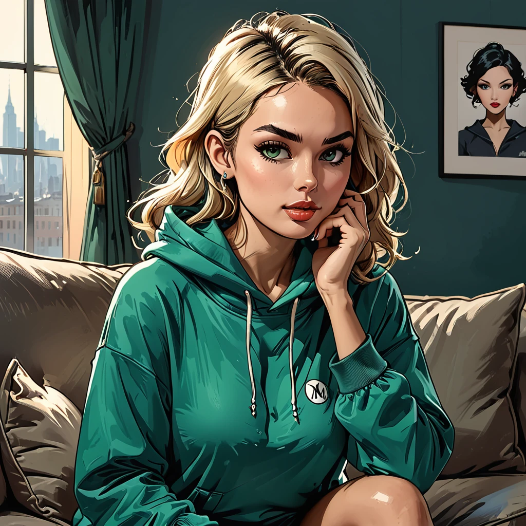 green ((pearl)) at hands,portrait girl eating a green pearl in (Blue oversized hoodie) and black Elastic shorts sits at sofa at dark green office, adult, [Nordic], Hourglass elongated fitness body, perfect Olive skin, Oval Face, Long neck, Rounded shoulders, perfect hand, Attached Pointed ears, round forehead, Short blonde Waves pixie hair, snub nose, Arched eyebrows, High Round Narrow cheekbones, Dimpled Cheeks, Rounded Chin, Rounded Jawline, Full nude Lips, Nude Makeup Look, long eyelashes, graphic style of novel comics, 2d, 8k, hyperrealism, masterpiece, high resolution, best quality, ultra-detailed, super realistic, Hyperrealistic art, high-quality, ultra high res, highest detailed, lot of details, Extremely high-resolution details, incredibly lifelike, colourful, soft cinematic light,