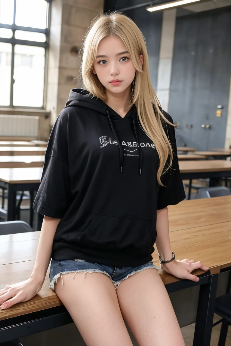 deux femmes blonde ensemble de 18 ans sexy et mince , black short sleeve hoodie , jambe visible , se touche,salle de classe,position sensuel
