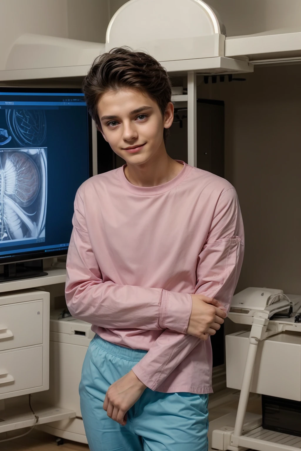 A cute, beautiful twink male young man with a face with makeup and black hair. He is wearing a long-sleeved, pink shirt and aqua blue pants. He is in the surgical operating room, which specializes in cardiac surgery. Behind him are medical devices, medical equipment, an MRI screen, and an X-ray screen. He looks proudly.