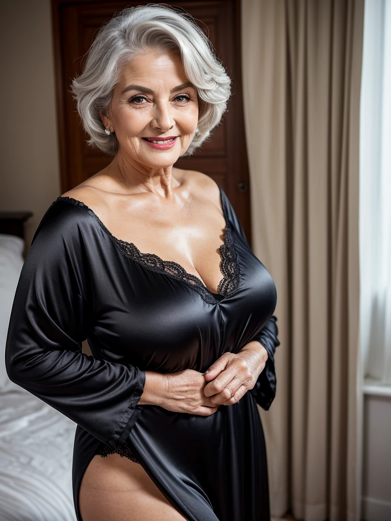 Mature old woman 80 years with hair, plus size, overweight, old face and body with many wrinkles, smiling, loose skin, standing at her bedroom posing for photo, She wearing black satin nightie, wearing sexy black robe, jaw dropping mature older beauty, old face and body with wrinkles, legs are visible, old face, bright makeup, red lips, attractive grandma, a gorgeous old hair, beautiful old grandma, lovely older mature grandma, gorgeous beautiful grandma over 80 years old, beautiful silver hair grandma, beautiful detailed body and face, a beautiful old granny