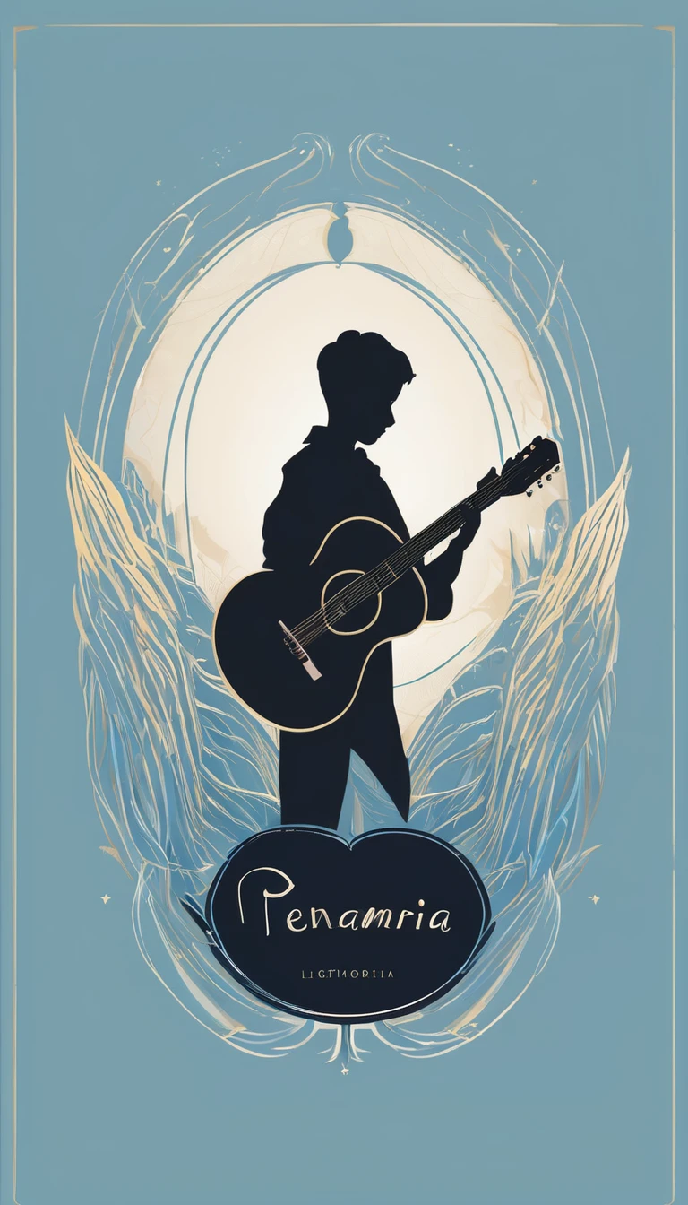 A minimal, modern, simple, cinematic logo design for the brand “Penamemoria". The logo design must be a simple, silhouette of a boy, standing up, playing acoustic guitar and fantasy feather by his side. The logo must convey a sense of music, stories, memories and dreams. Logo design impressed on a book cover. Minimalistic logo. Light blue, soft white and light golden as colors for the logo design