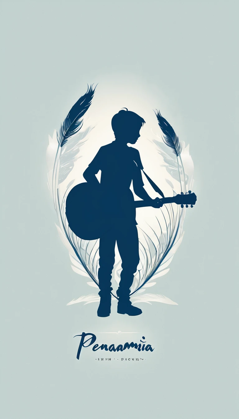 A minimal, modern, simple, cinematic logo design for the brand “Penamemoria". The logo design must be a simple, silhouette of a boy, standing up, playing acoustic guitar and fantasy feather by his side. The logo must convey a sense of music, stories, memories and dreams. Logo design impressed on a book cover. Minimalistic logo. Light blue, soft white and light golden as colors for the logo design