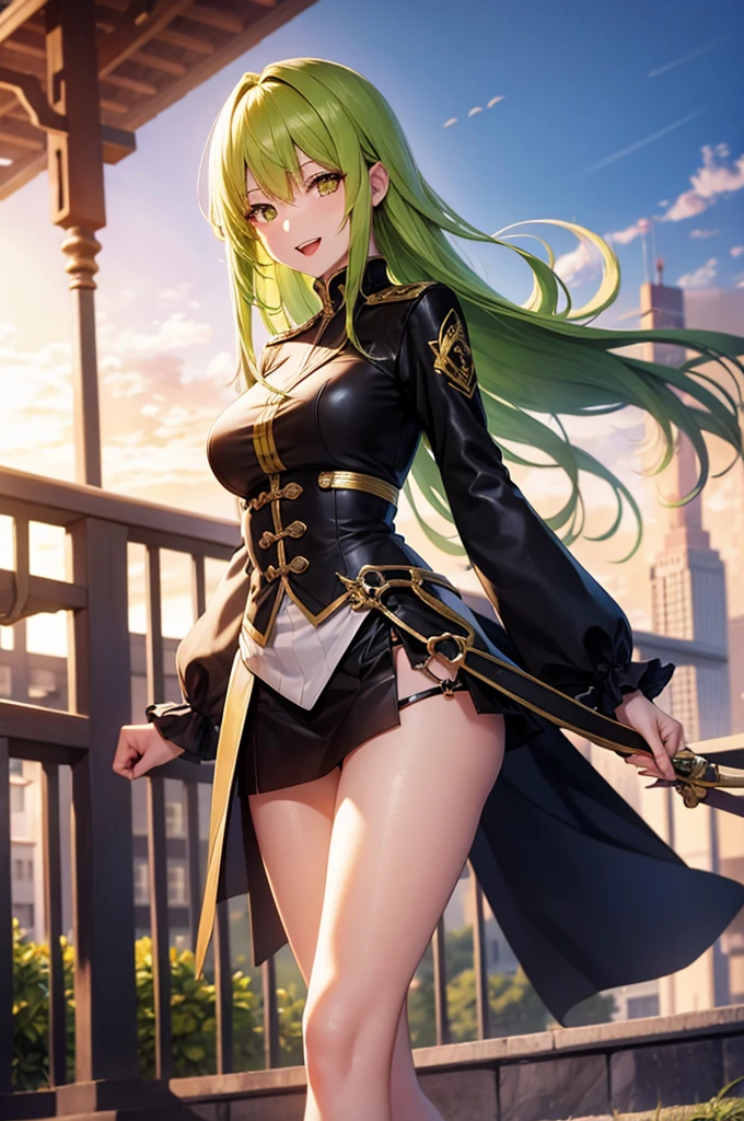 anime、最high quality, high quality, 8K、High resolution,Highest quality、solo、A calm and mature woman with long yellow-green hair and yellow eyes.、tall、Long limbs、The background of vibrant overseas markets、Thighs、Miniskirt、tall、Long limbs、solo、Laughing with mouth open、anime