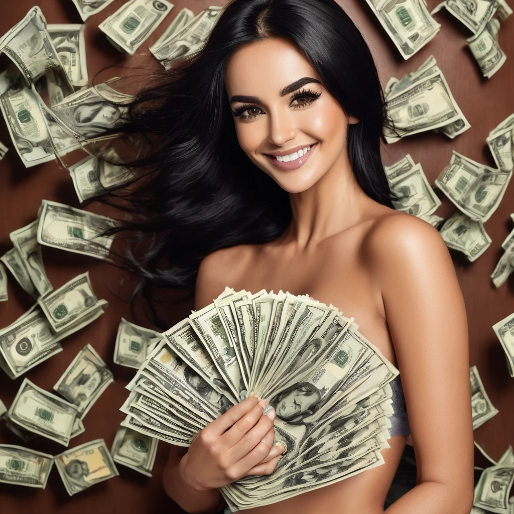 bearded woman beautiful shaggy beard, black hair, brown eyes, eyeliner, proud smile, seductive look, hold a load of dollar bills