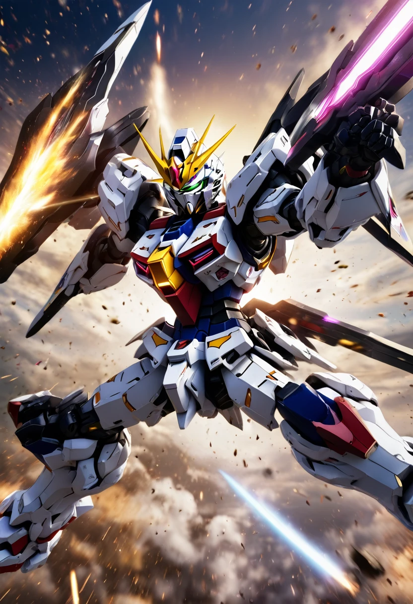 8k,4k,1 shot,gundam,barbatos lupus rex from gundam,with the sword,jumping action,japanese back ground,chaos,war
