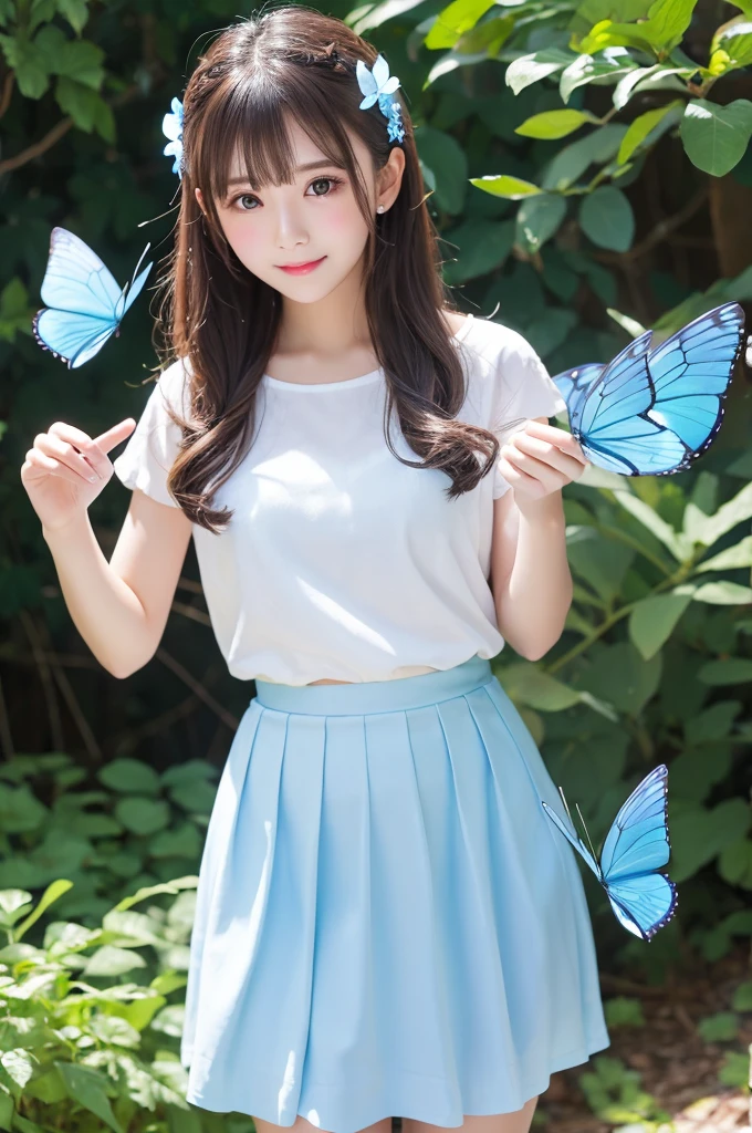 1 Girl, Clear water, Blue Butterfly, Pure white gauze skirt, Sparkling