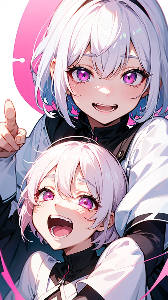 White Hair、Pink Eyes、Short Hair、laughing、Only one girl、alone、Cute、Face is close、laughing、it's raining、Holding an umbrella