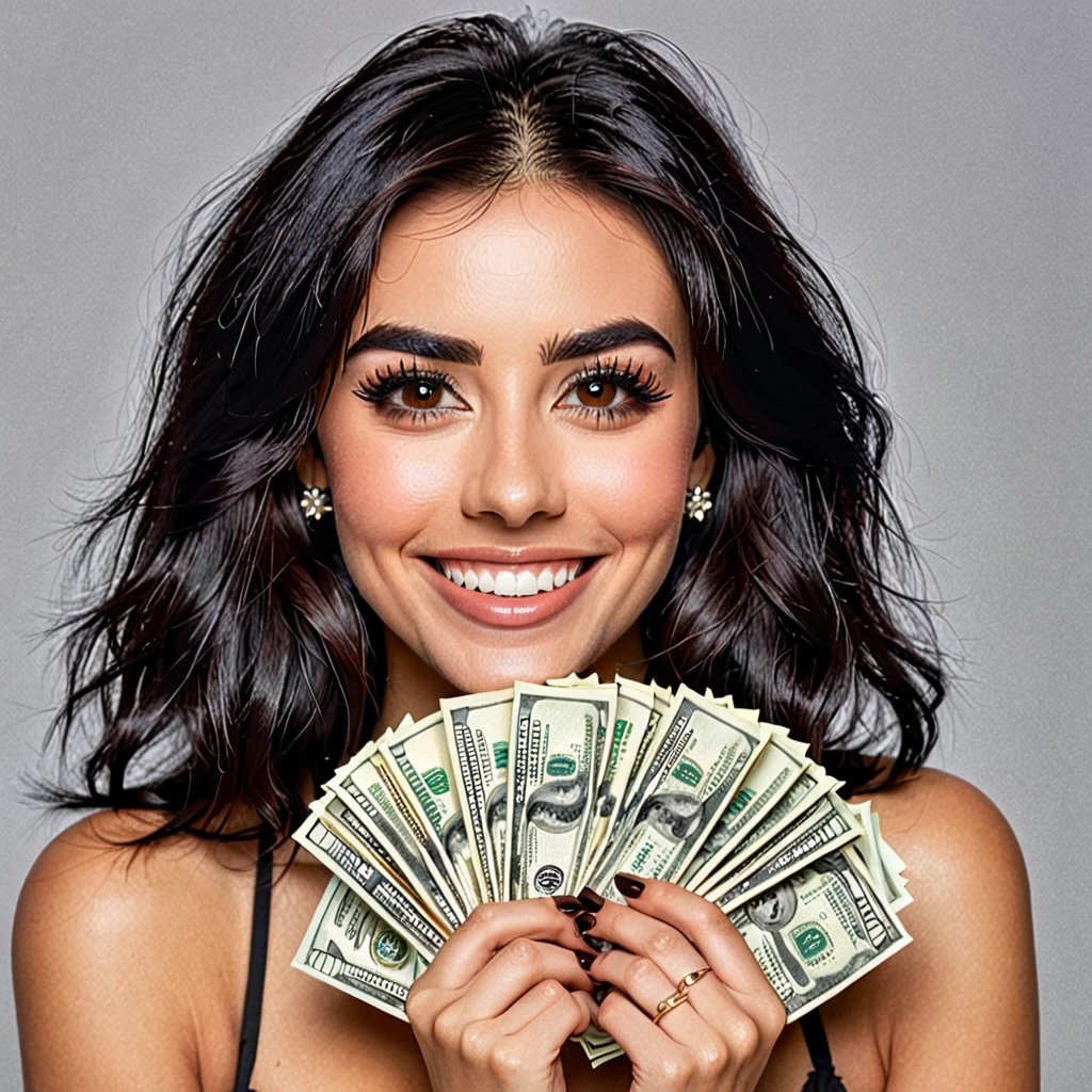 bearded woman beautiful shaggy beard, black hair, brown eyes, eyeliner, proud smile, seductive look, hold a load of dollar bills