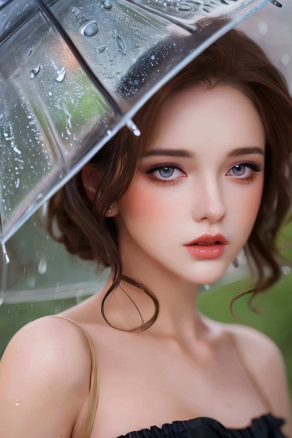 1girl with rain umbrella, singing in the rain, beautiful detailed eyes, beautiful detailed lips, extremely detailed face, longeyelashes, realistic, photorealistic, photo-realistic:1.37, (best quality,4k,8k,highres,masterpiece:1.2),ultra-detailed,vivid colors,dramatic lighting,soft focus,rainy day,moody atmosphere,classical painting style,warm color palette