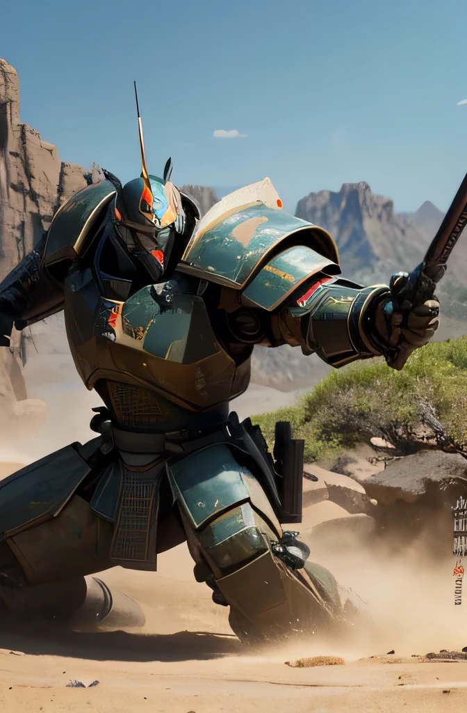 Highest quality、8K、Fantasy、detailed、Giant robot whole body、camouflage、Armored Samurai Robot、The heavily armored body was developed as a weapon.、Damaged or dirty、Complex Texture、Solidly constructed and textured body、（Large hand-held weapons、Large Rifle）、Samurai helmet-like head、The face is accurately drawn、Battle in the Wilderness、masterpiece
