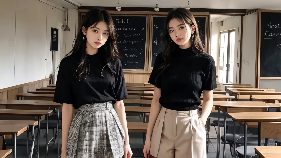deux femmes ensemble de 18 ans sexy et mince , black short sleeve checkered sweater, jambe visible , se touche,salle de classe