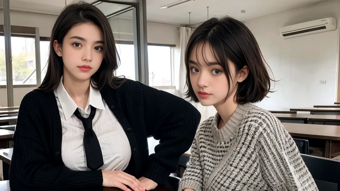 deux femmes ensemble de 18 ans sexy et mince , black short sleeve checkered sweater, jambe visible , se touche,salle de classe