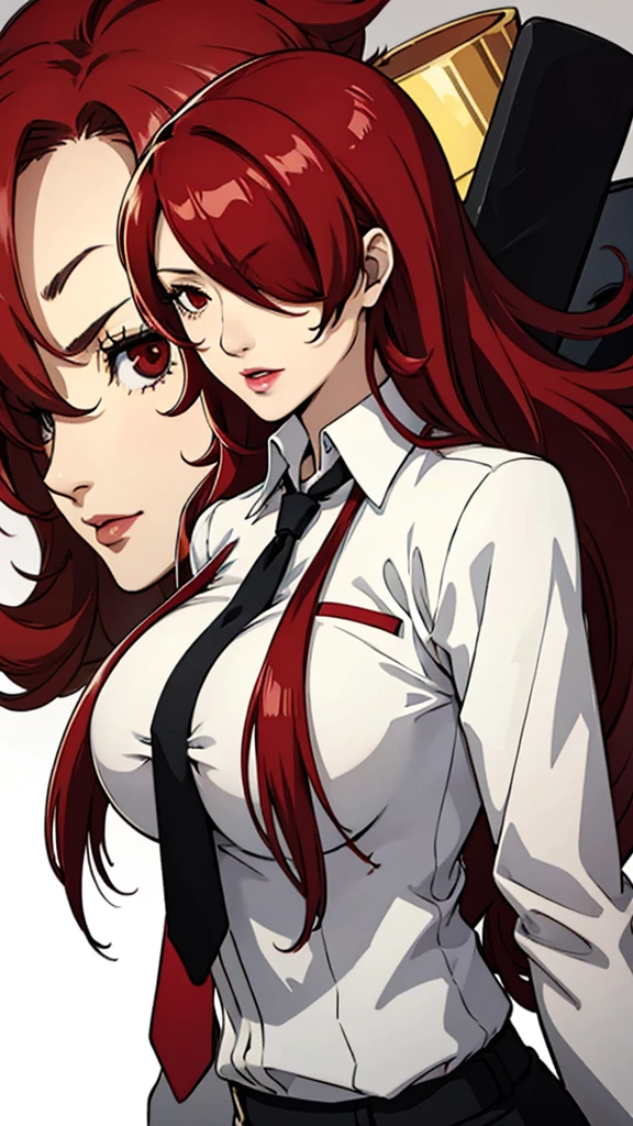 1 milf, huge breast, suit, tie, Mitsuru kirijo, portrait, , red eyes, long hair, hair over one eye , lipstick, red hair