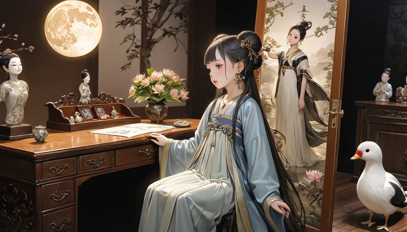  (solo), (A 7--old l:1.2), (very young l loli, (Solo), (small breast), (wide angle), raw photo, Aesthetic, Convoluted, Awarded, chiaroscuro, Best Quality, Detailed background, (Misty atmosphere:1.2),((Girl in very large hanfu:1.2)),Nongyu, wise, understood, Huang's intentions, quietly returned, room, took off, mourning clothes, put on, fitted jacket, traditional style, Western tailoring, high and graceful figure, Mr. Li loved, elegance, light blue jacket, embroidered flowers, gradient blue, pink, yellow, gold edges, shining, tassels, pleat, wide hem, knee-length, pleated skirt, dark blue fabric, cloth belt, mandarin ducks, lifelike, harmony, beauty.

Sitting, dressing table, meticulous makeup, Mr. Li compared, fairy, Yao Pond, graceful ladies, ancient paintings, lotus bun, magpie tail, swaying hairpin, golden beads, jade pendants, jasmine needles, gold, jade, precious stones, shimmering, stone ink, eyebrows, rouge lips, lead powder, white skin, moon pearls, earrings, jade necklace, gold bracelets, wrists, charming, luxurious.

Closed door, bowed, Mr. Li's coffin, whispered, ready, serve, wrote, suicide note, "Parasol tree, grow old, mandarin ducks, die together, virtuous wife, husband's death, cost, her life." Elegant handwriting, firm, inner determination, calmness, chaotic world, eternal love, loyalty.