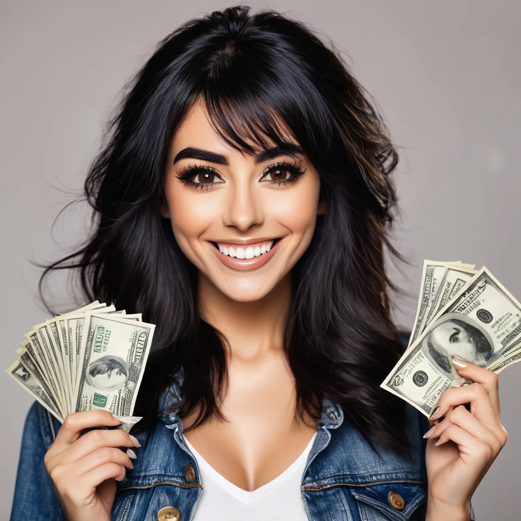 bearded woman beautiful shaggy beard, black hair, brown eyes, eyeliner, proud smile, seductive look, hold a load of dollar bills