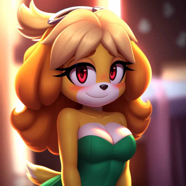 Isabelle, strapless tight dress, cleavage, curly hair, halo, sunglasses, jewelry, red eyes, longeyelashes, red eyes, smile, shy, blush, high detail, masterpiece, UHD, anatomically correct, super detail, highres, 4K