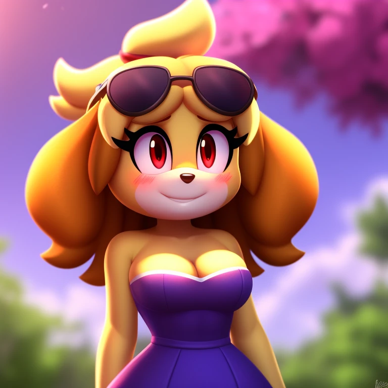 Isabelle, strapless tight dress, cleavage, curly hair, halo, sunglasses, jewelry, red eyes, longeyelashes, red eyes, smile, shy, blush, high detail, masterpiece, UHD, anatomically correct, super detail, highres, 4K