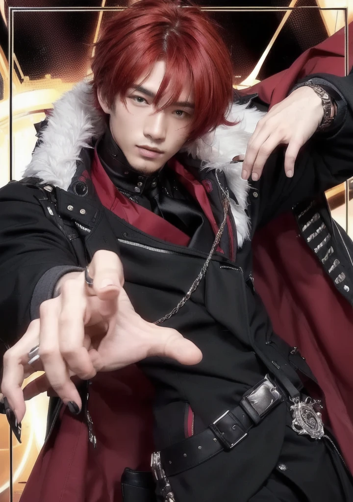 a close up of a person with red hair and a black coat, handsome guy 