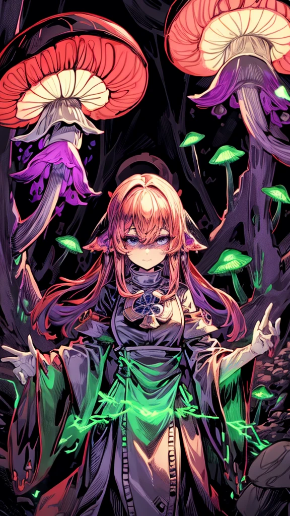 [by Junji Ito], dark horrorscape, [detailed shadows], [veins], (bioluminescent mushroom forest), 1girl, gigantic cosmic eyes, streaming tears, spiraling fungus, HDR