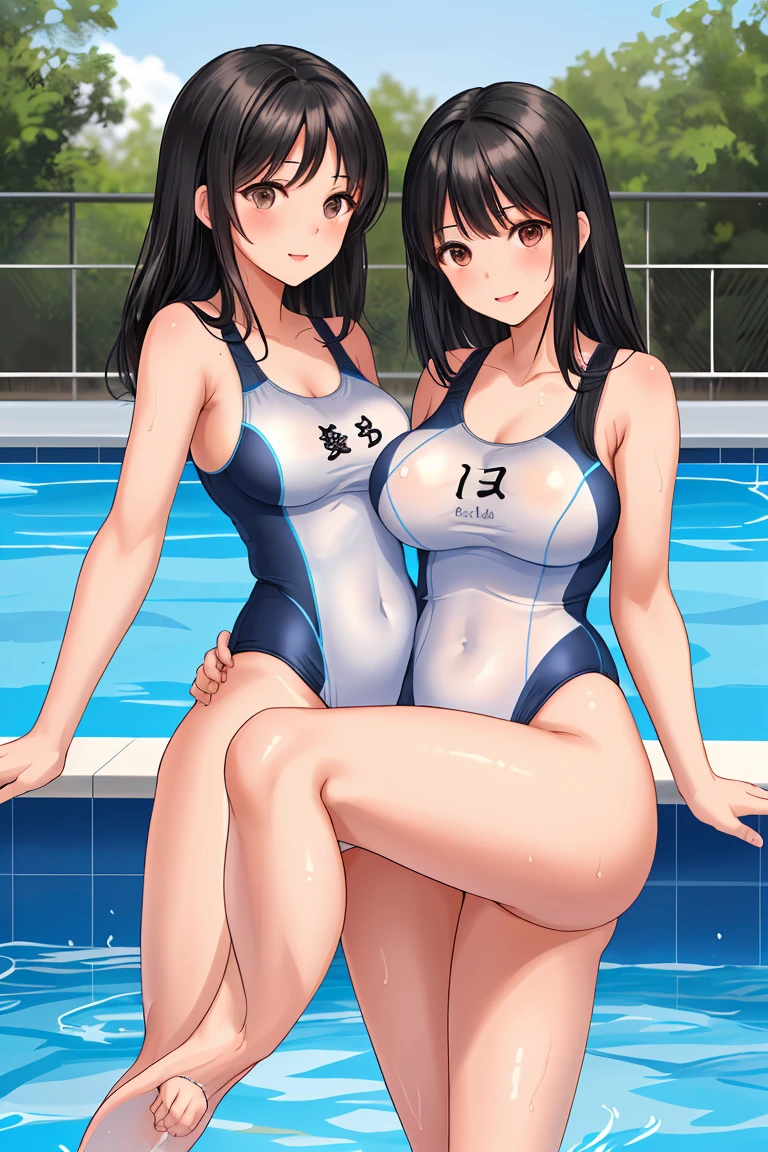 Beauty mother-in-law　Black Hair　Mother and daughter have beautiful breasts　School Swimsuit　Pool　Leg spread　Swimsuit tightness