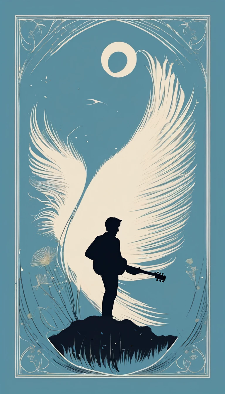 A minimal, modern, simple, cinematic logo design for the brand “Penamemoria". The logo design must be a simple, silhouette of a boy, standing up, playing acoustic guitar and fantasy feather by his side. The logo must convey a sense of music, stories, memories and dreams. Logo design impressed on a book cover. Minimalistic logo. Light blue, soft white and light golden as colors for the logo design