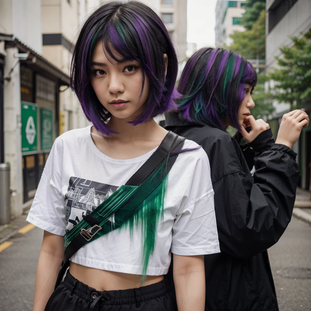 asian girl mixed with Caucasian, short black hair with green and purple streaks, dark fashion, boyish fashion