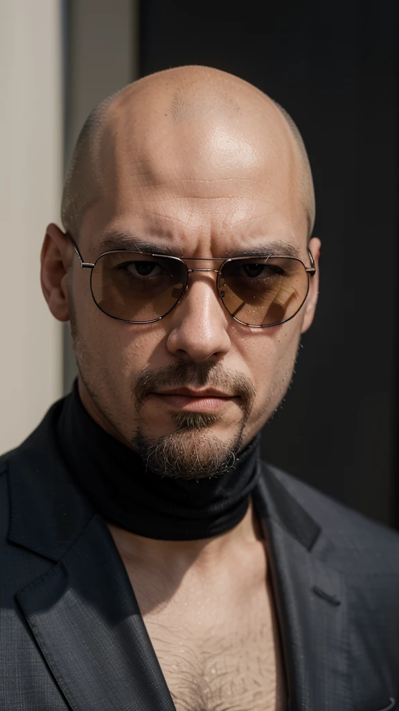 a close up of a bald man wearing sunglasses and a suit, bald with short beard, short goatee, thin beard, christian dimitrov, shaved beard, inspired by Víctor Manuel García Valdés, with glasses and goatee, adar darnov, beskinski, georges mathieu, marco plouffe, goatee beard, goatee, manly arrogant domineering face