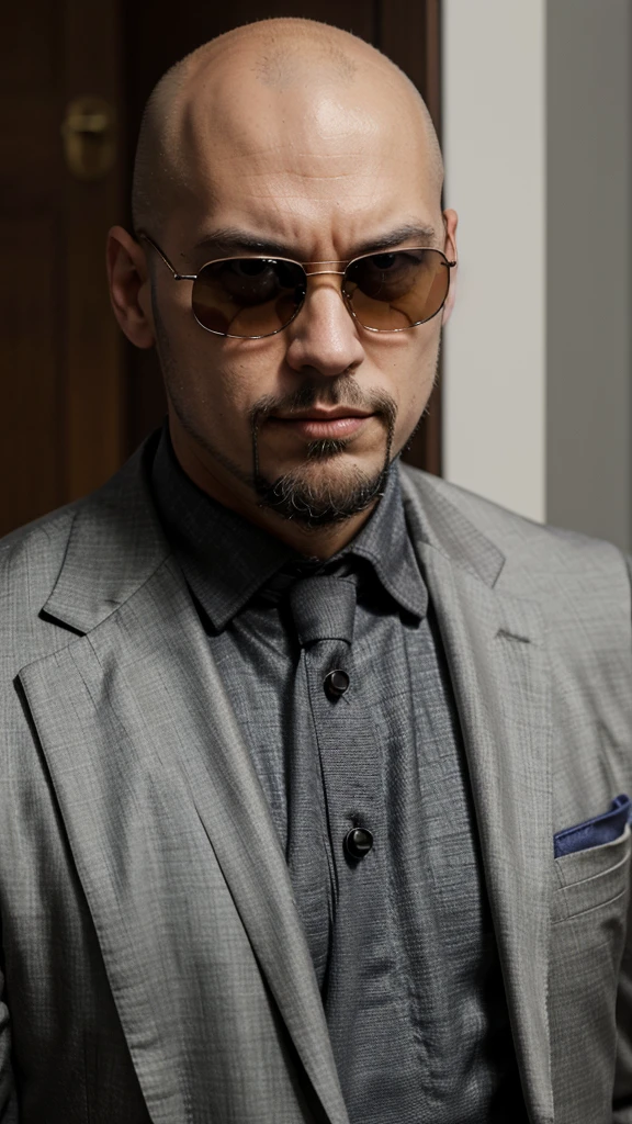 a close up of a bald man wearing sunglasses and a suit, bald with short beard, short goatee, thin beard, christian dimitrov, shaved beard, inspired by Víctor Manuel García Valdés, with glasses and goatee, adar darnov, beskinski, georges mathieu, marco plouffe, goatee beard, goatee, manly arrogant domineering face